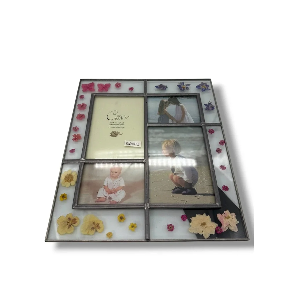 Vintage Carr Handcrafted Stained Glass Pressed Flower Collage Picture Frame